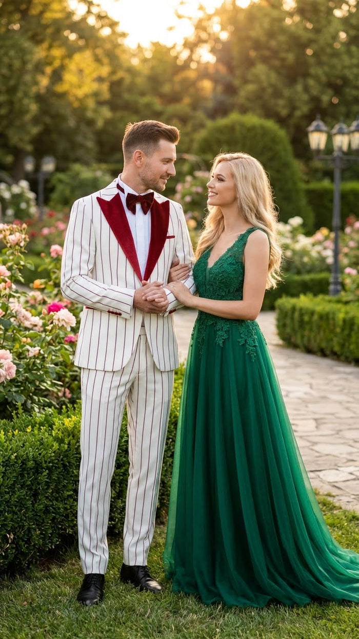 Men’s White and Dark Red Pinstripe Tuxedo with Velvet Shawl Lapel - Formal Dinner Blazer Prom Christmas New Year Holiday Suit by USA Men's Outlet