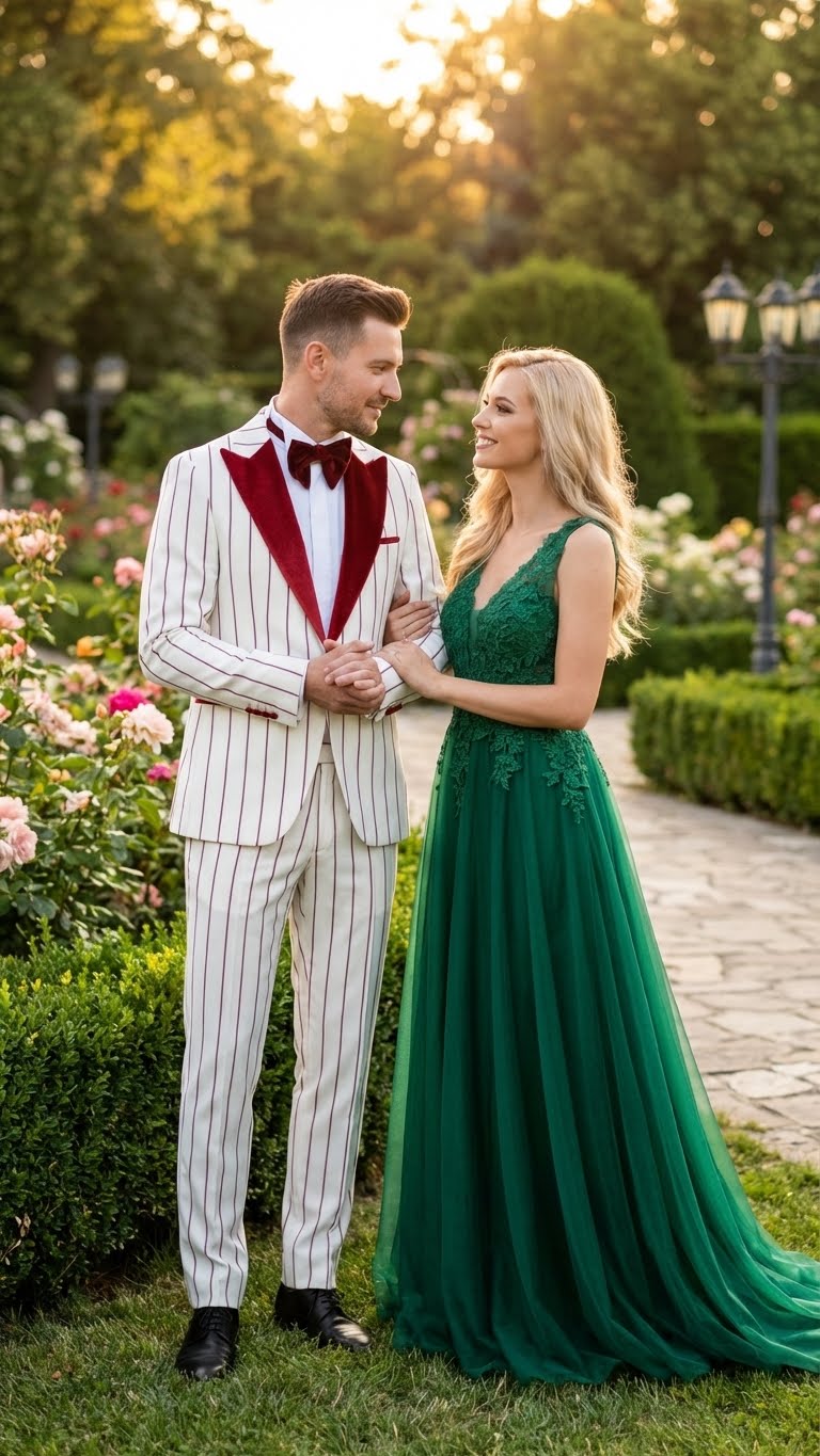 Men’s White and Dark Red Pinstripe Tuxedo with Velvet Shawl Lapel - Formal Dinner Blazer Prom Christmas New Year Holiday Suit by USA Men's Outlet