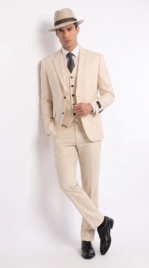Men’s Ivory Cream Pinstripe Scarface Suit – Vintage Gangster Modern Fit 3-Piece Wedding Suit