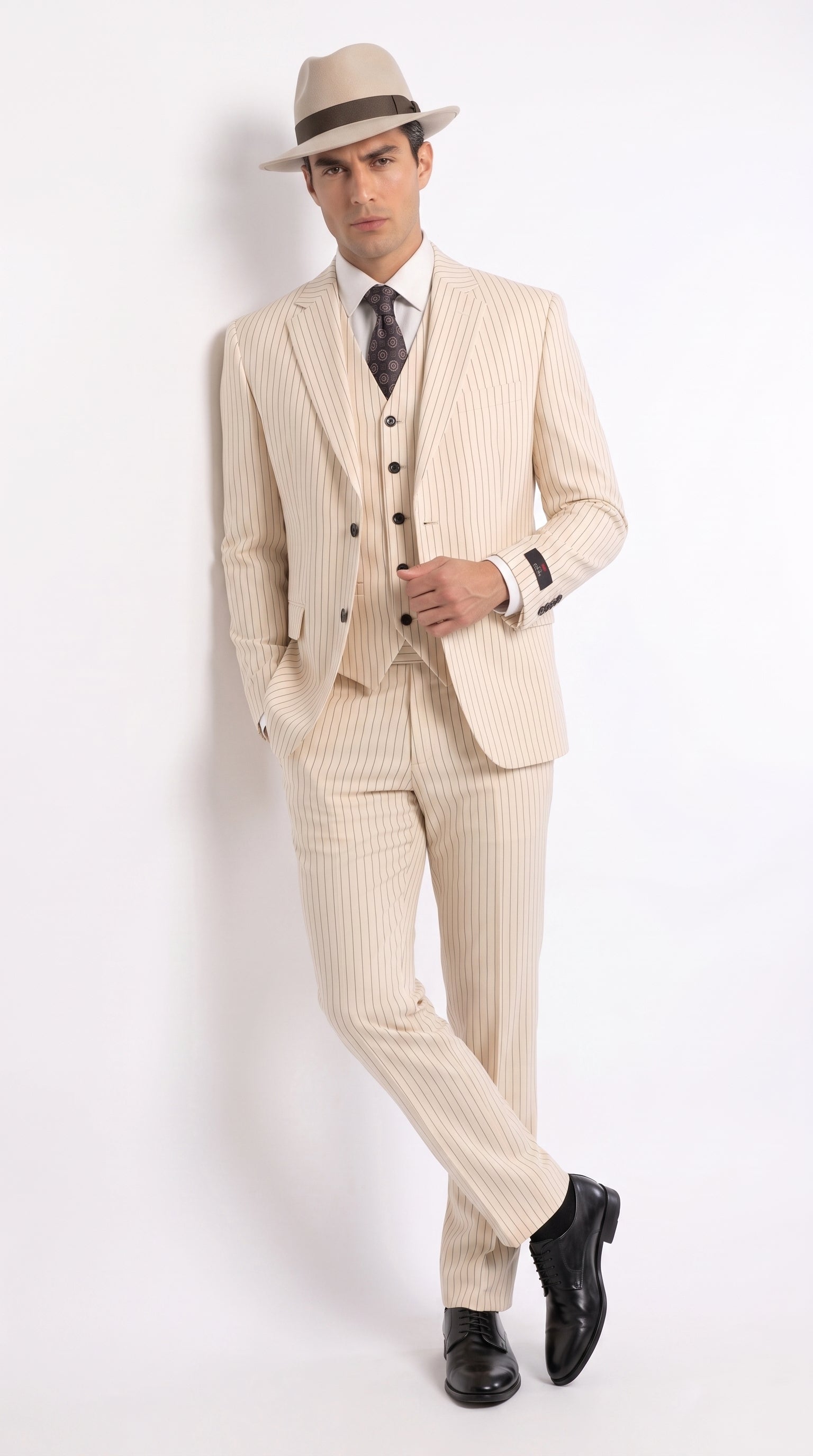 Men’s Ivory Cream Pinstripe Scarface Suit – Vintage Gangster Modern Fit 3-Piece Wedding Suit