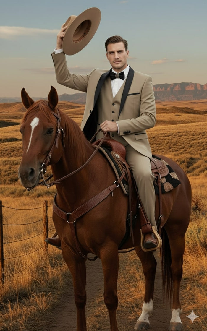 Mens Western Cowboy Suit – 3-Piece Tan Tuxedo with Black Lapel, Vest, and Pants Beige Color