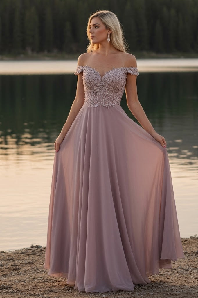 May Queen MQ1602 Off Shoulder Corset Flowy Prom Gown