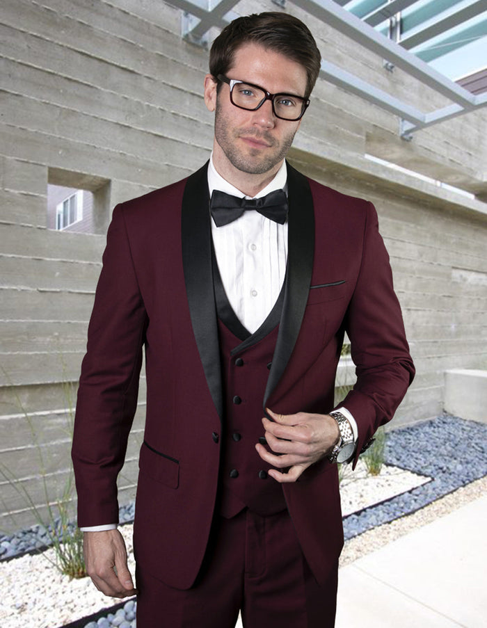 Maroon Prom Suit - Maroon Prom Tuxedo Suits - Maroon Wedding Tuxedo Mens Wool One Button Shawl Tuxedo with Double Breasted Vest in Burgundy PROMTUXEDO