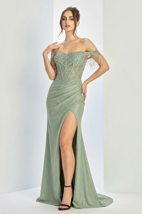 Off Shoulder Sequin Glitter Fitted Corset Prom Gown