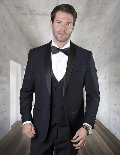 Mens Wool One Button Shawl Tuxedo with Double Breasted Vest in Navy Blue by Statement
