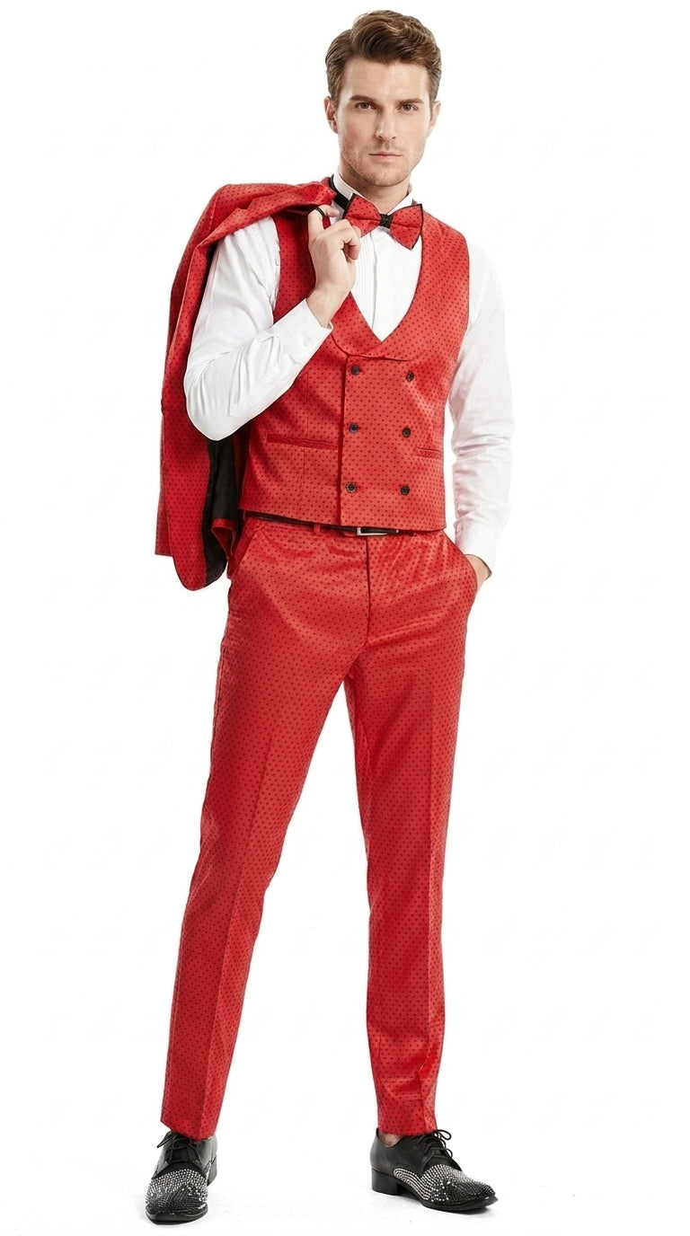 Tazio Men’s Cherry Red and Black  Polka-Dot 3-Piece Suit – Skinny Fit Prom, Wedding and Party Suit or Tuxedo