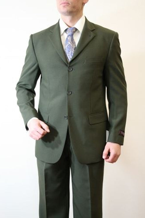 Men's Basic Three Button Poplin Suit in Olive by Tazzio