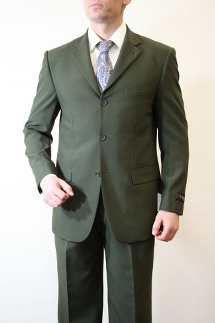 Men's Basic Three Button Poplin Suit in Olive by Tazzio
