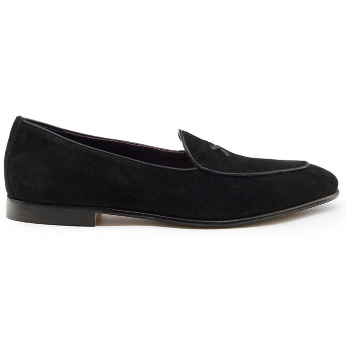 Zelli Hand-Stitched Sueded Goatskin Loafer with Crocodile Vamp in Black