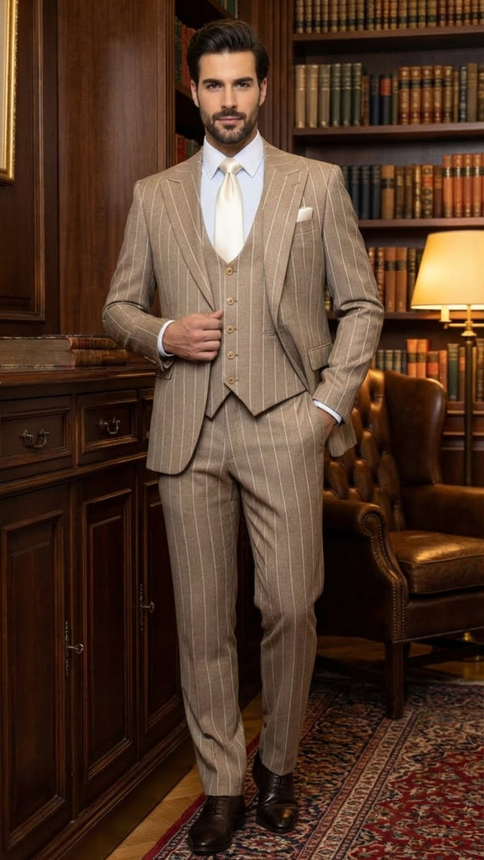 Men's Beige Pinstripe Three-Piece Vested Suit - Tailored Fit Business Attire in Tan Stripe by Rossiman USA Men's Outlet