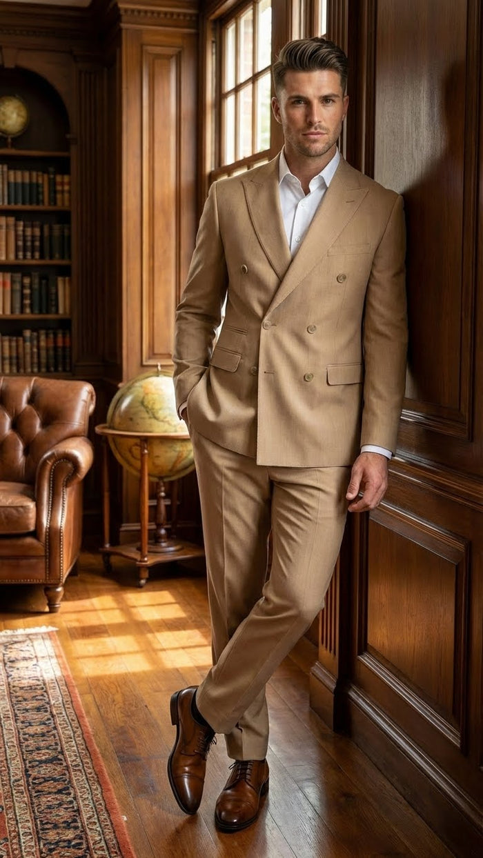 Vitali Brand Men’s Beige Double Breasted Suit - Classic Wedding, Prom & Party Wear Formal Outfit Khaki Camel Color USA Men's Outlet