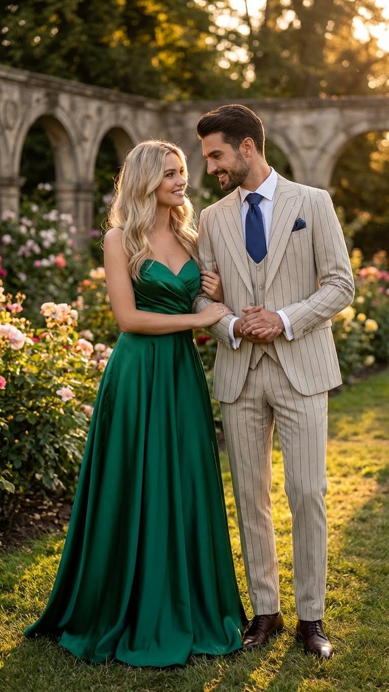 Men's Beige with blue Pinstripe Three-Piece Suit with Vest by Rossiman Vested Peak Lapel in Tan Stripe 1920s style