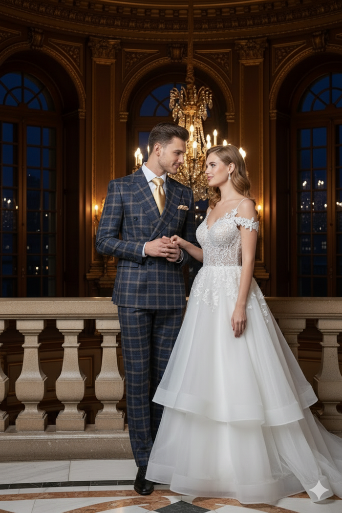 Men’s Navy and Tan Windowpane Double-Breasted Suit - Classic 2-Piece Plaid Dress Suit, Business, and Formal Events By Rossiman USA Men's Outlet