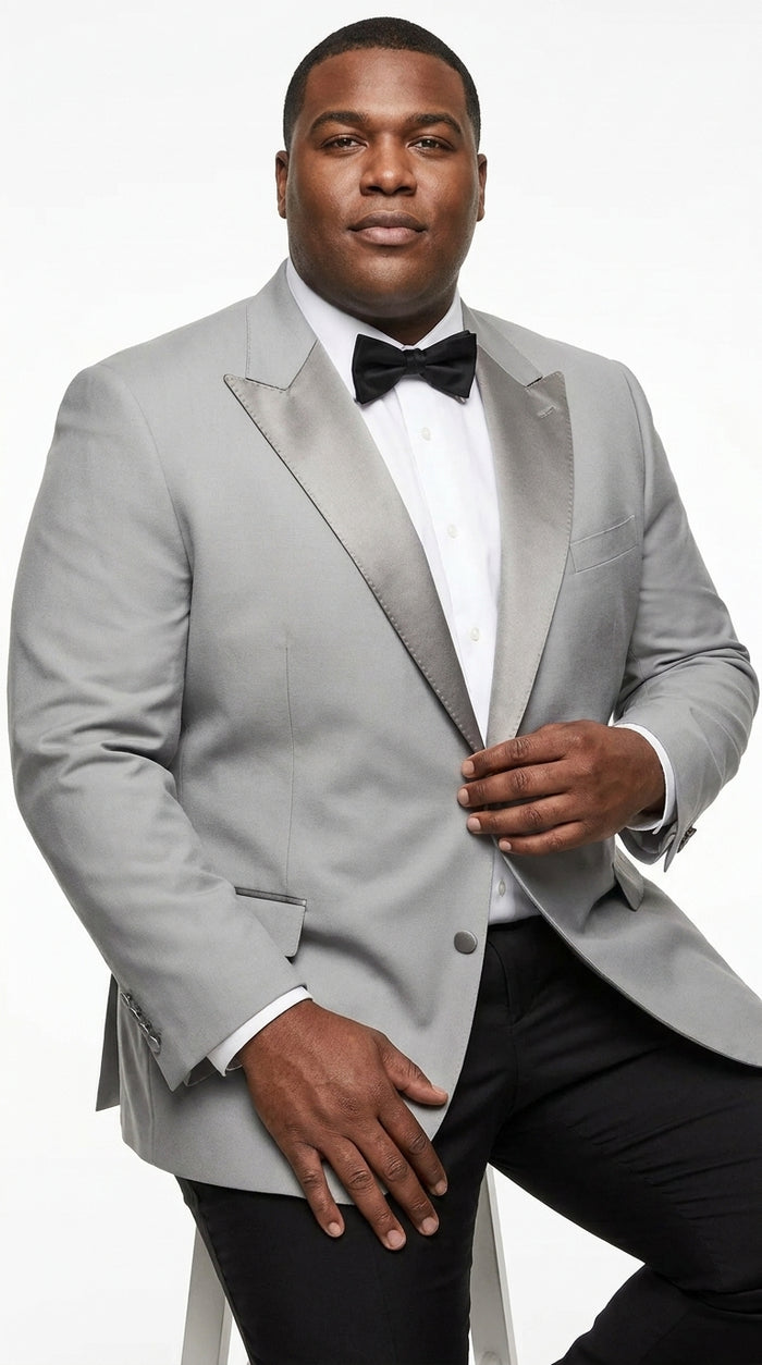 Men’s Silver Dinner Jacket – Satin Peak Lapel Tuxedo Blazer for Weddings, Prom & Formal Events in color silver grey
