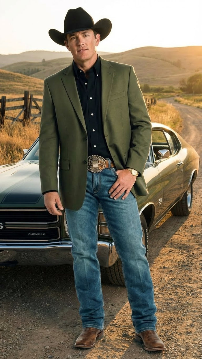 Saco Vaquero Men’s Olive Green Western Blazer Jacket, Classic Cowboy Style Sport Coat for Casual Formal Wear with Jeans - Cowboy Accessories