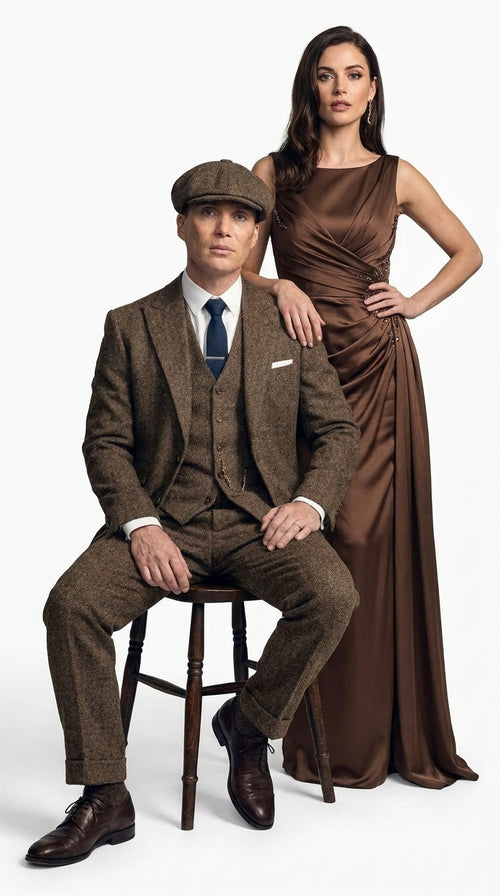 Men's Thomas Shelby Brown Tweed Herringbone 3-Piece Suit – Peaky Blinders 1920s Vintage-Style Suit with Matching Vest & Trousers