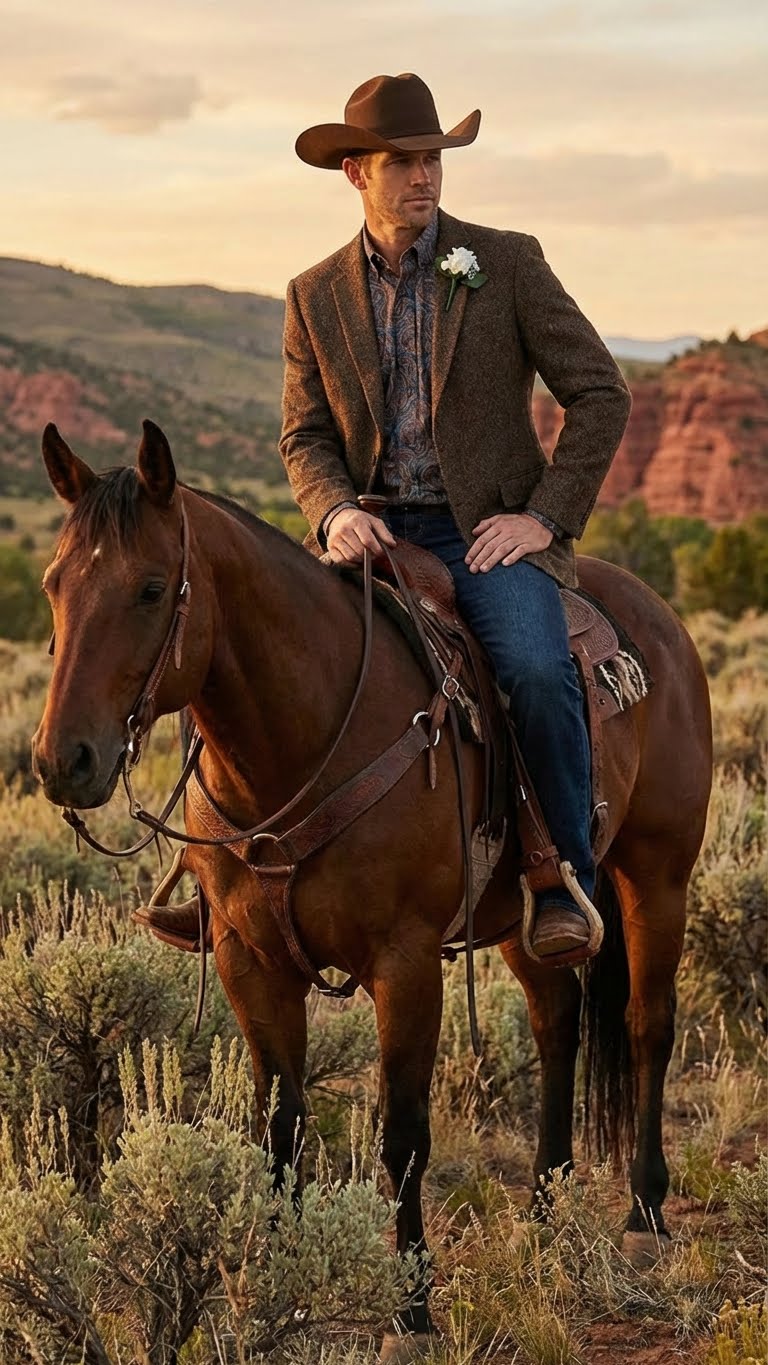 Saco Vaquero Men’s Brown Western Tweed Herringbone Blazer Jacket – Classic Cowboy Style Sport Coat for Wedding Party