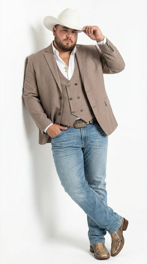 Men’s Beige Cowboy Blazer with Double breasted Vest – Western Two Piece Suit Pants included
