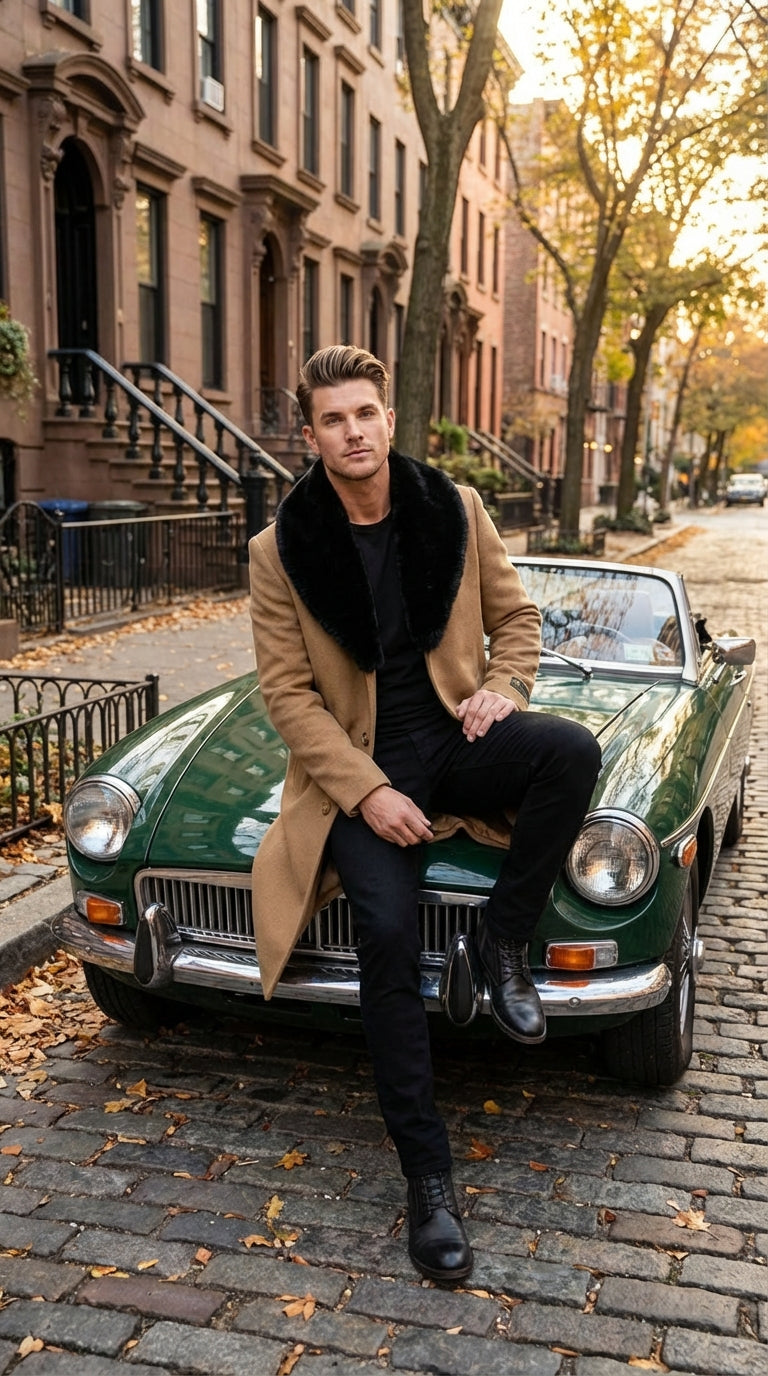 Men’s Camel Tan Long Overcoat with Black Faux Fur Collar - Wool Topcoat Three if not Full length