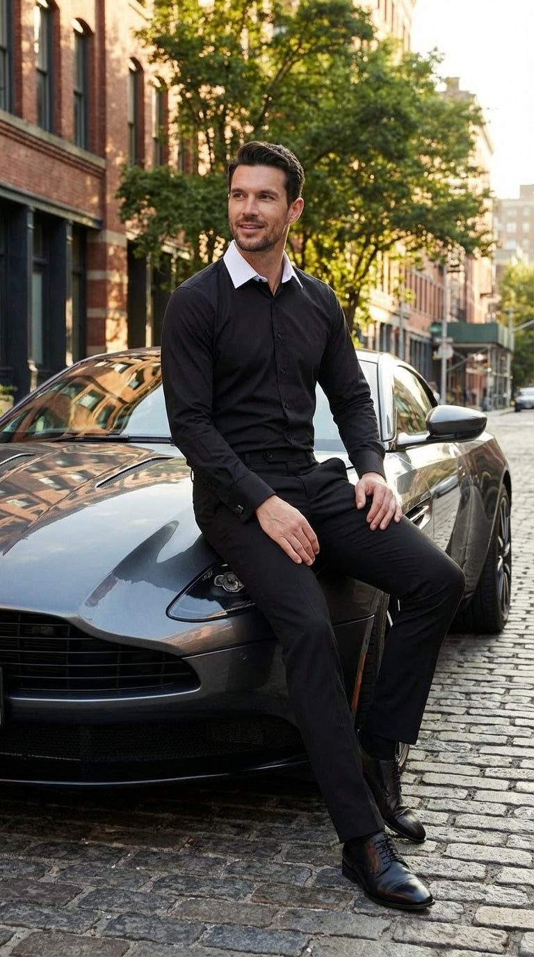 Men’s Black Dress Shirt with White Contrast Collar | French Cuff Cotton Poplin Formal Button-Up Shirt