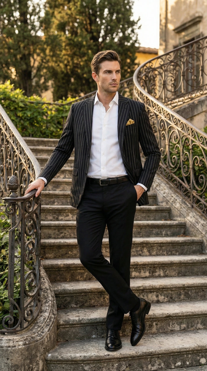 Men’s Black Pinstripe Blazer –Classic Tailored Formal Jacket for Business, Office and Evening Wear