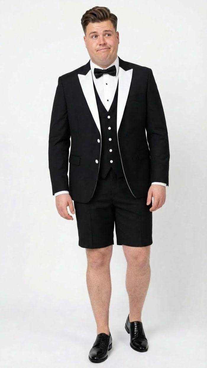 Men’s Black and White Tuxedo Shorts Suit – Modern Formal Tuxedo with Pants for Wedding, Party and Special Events