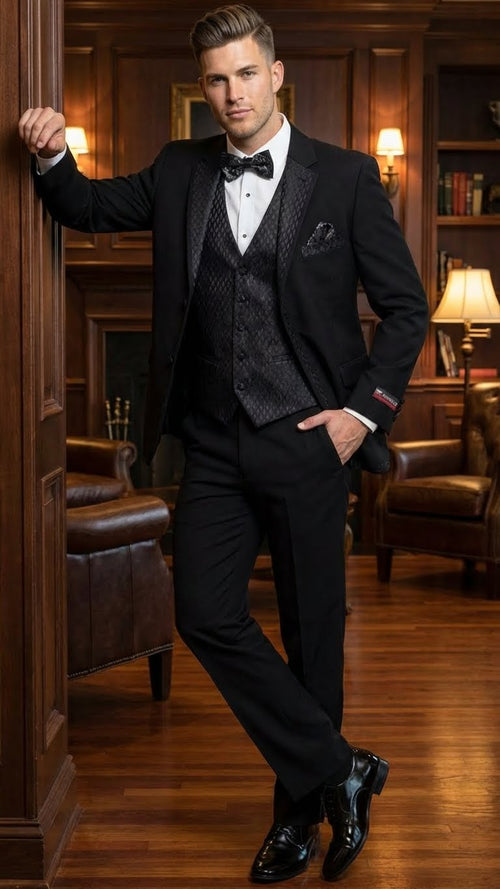 Men's Black Vested Tuxedo Suit with Patterned Lapel – Classic Formal Suit for Wedding, Party and Evening Events