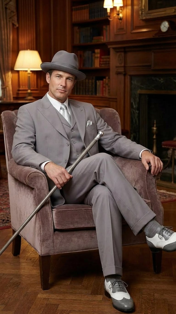 Men’s Gray Zoot Suit with Matching Hat and 1920s Shoes - Grey Vintage Wedding and Party Three Piece Suit by USA Men's Outlet