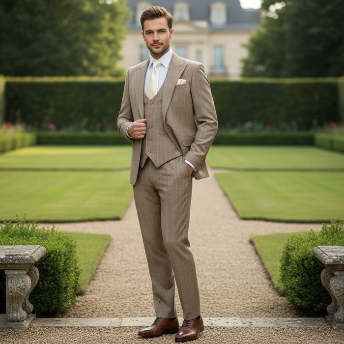 Men’s Beige Pinstripe Three-Piece Suit - Classic Fit Formal Suit with Vest and Flat-Front Pants in Tan Stripe By Rossiman USA Men's Outlet