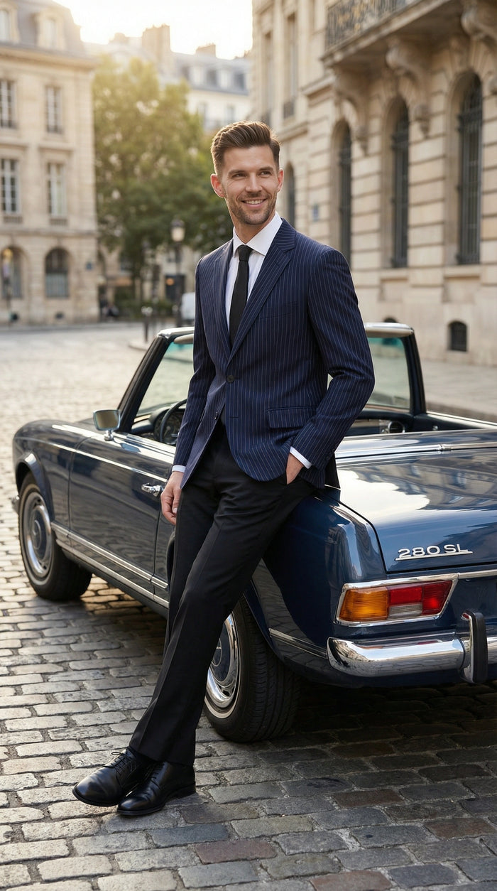 Men’s Navy Blue Pinstripe Blazer – Classic Tailored Formal Jacket for Business, Office and Professional Wear