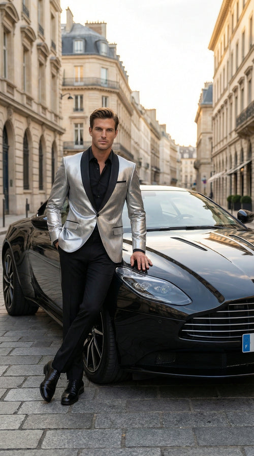 Men’s Shiny Silver Blazer with Black Lapel – Luxury Metallic Formal Jacket for Party, Evening and Special Events
