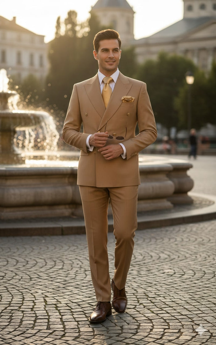 Mens Camel - Bronze - Goldish khaki Double-Breasted Suit - Luxury 2-Piece Formal Set with Gold Buttons and Peak Lapels by Rossi Man USA Men's Outlet