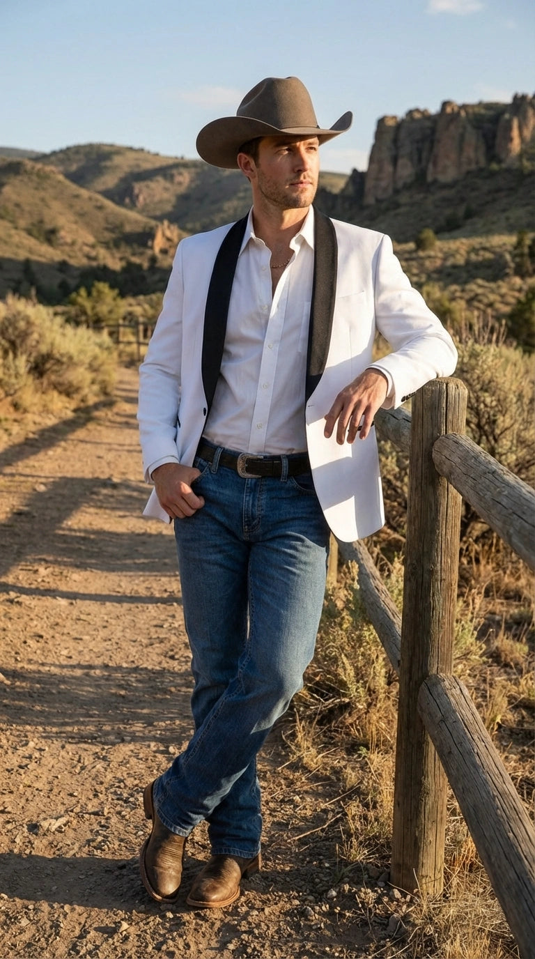 Men’s White Cowboy Blazer with Black Satin Lapel – Western Formal Tuxedo Style Jacket