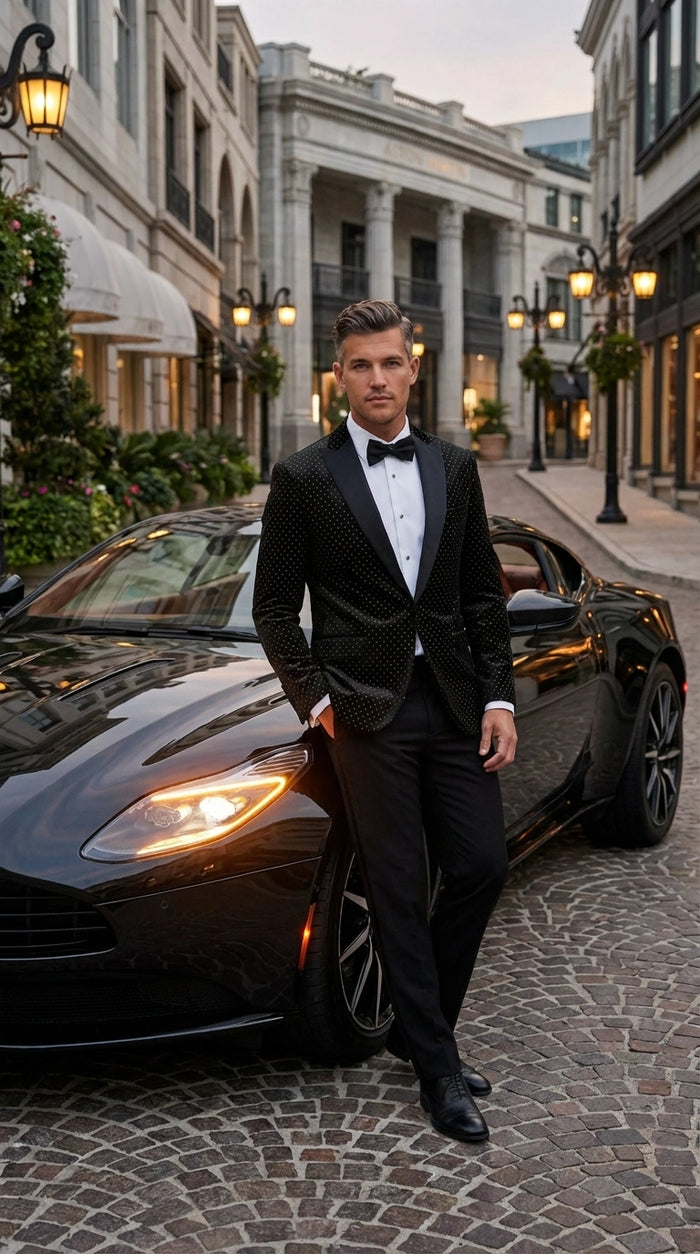Men’s Black Velvet Dinner Jacket Blazer with Satin Lapel – Formal Evening Tuxedo Style Jacket Polk Dots Pattern + Free bowtie