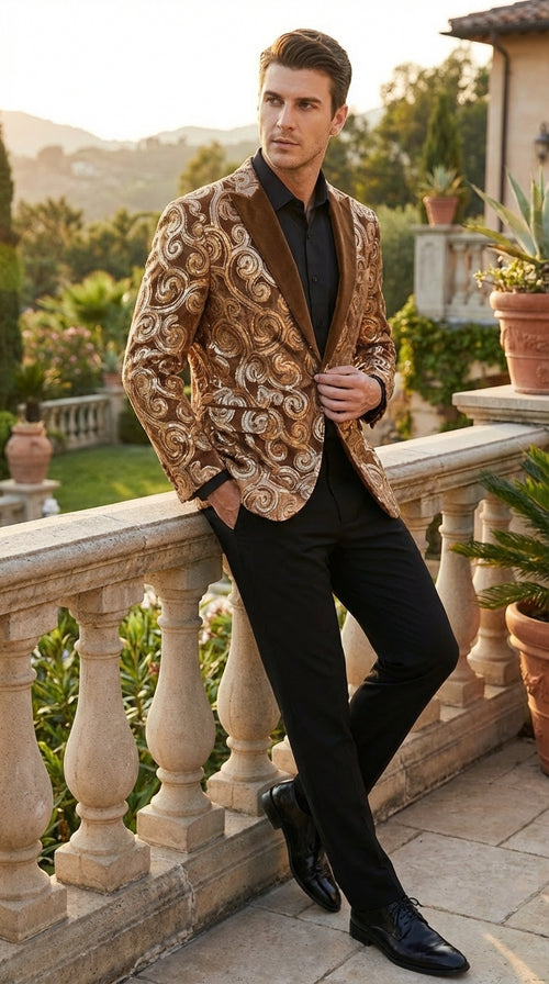 Men's Light Brown & Gold Baroque Embroidered Blazer Jacket | Tuxedo Dinner Jacket