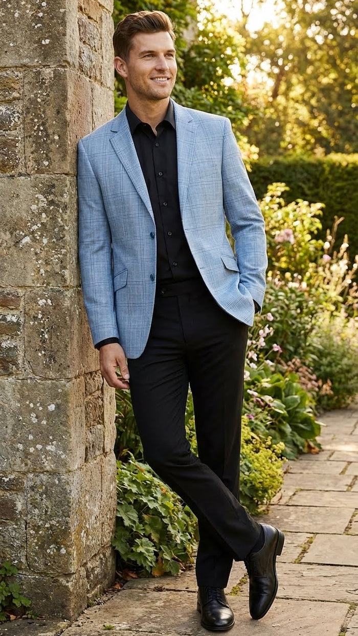 Men’s Big and Tall Light Blue Checkered Blazer and Sport Coat - Sky powder blue windowpane plaid pattern Jacket by USA Men's Outlet