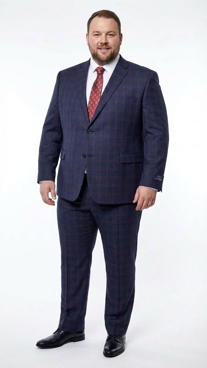 Men’s Navy Blue and Burgundy Checkered Two-Piece Suit Plaid Windowpane - Flat Front Pants or Pleated Wide Leg Pants - 100% Wool USA Men's Outlet