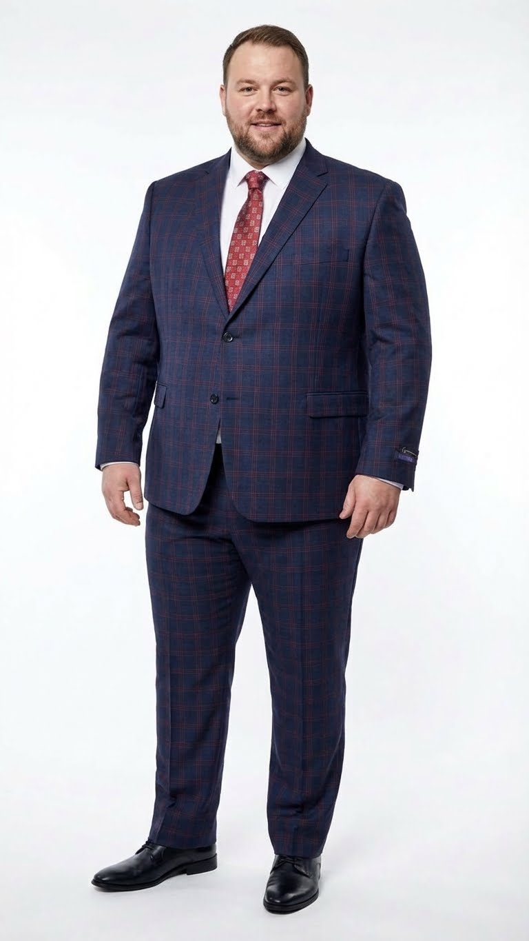 Men’s Navy Blue and Burgundy Checkered Two-Piece Suit Plaid Windowpane - Flat Front Pants or Pleated Wide Leg Pants - 100% Wool USA Men's Outlet
