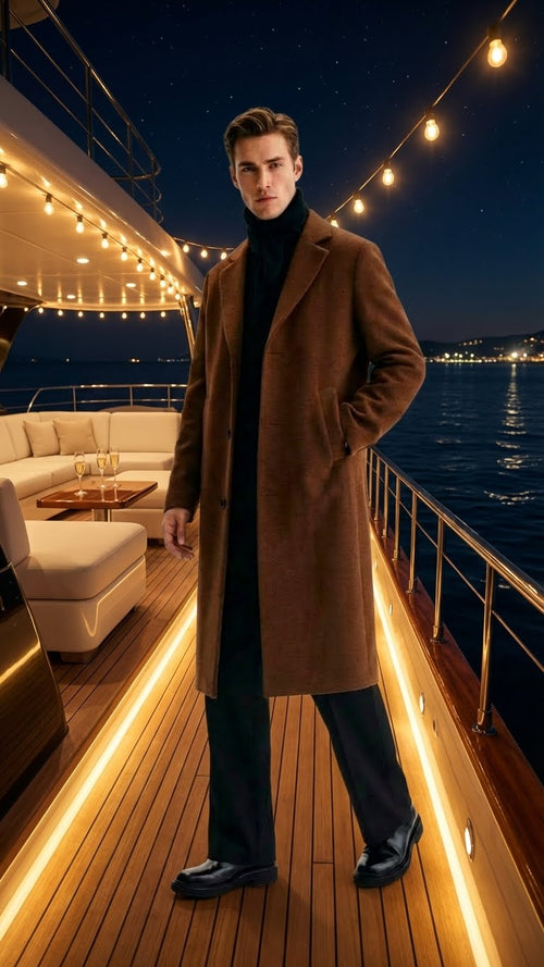 Men’s Brown Long Wool Overcoat - Topcoat Wool Carcoat Three Quarter by USA Men's Outlet