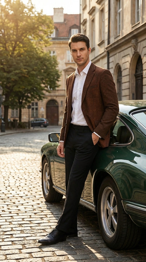 Men’s Zacchi Brown Textured Blazer – Classic Single Button Sport Coat with Notch Lapel Formal Jacket