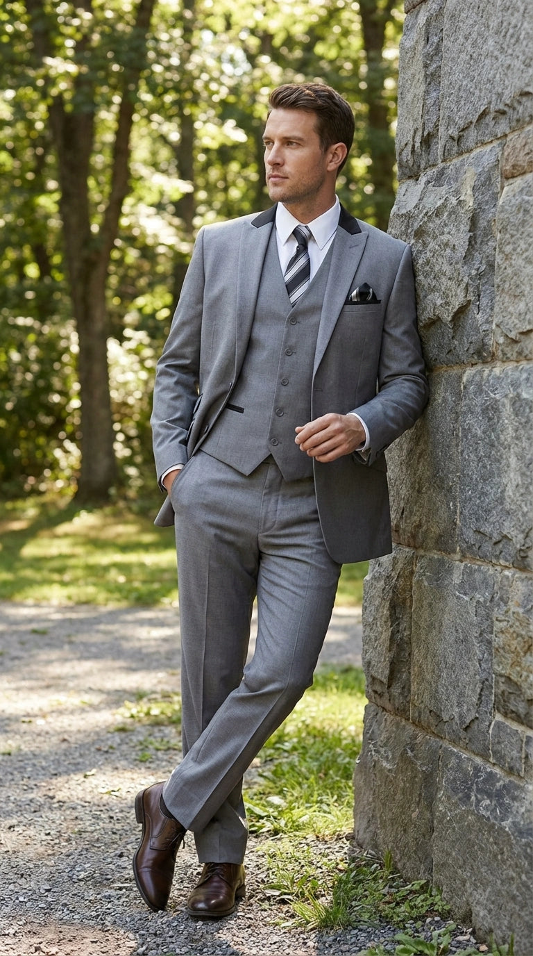 Men’s Light Gray Three Piece Suit with Black Chesterfield Collar  – Classic Formal Wedding and Business Suit Set 1920s Vintage