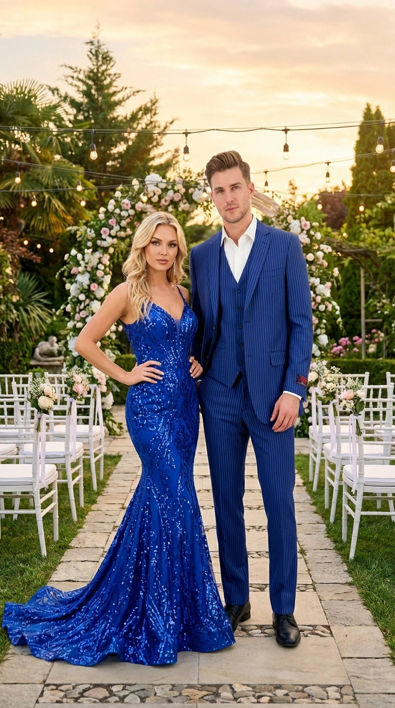 Men’s Royal Blue Pinstripe Three Piece Suit – Classic Formal 3PC Business and Wedding Suit Indigo Teal Saphire Pinstripe