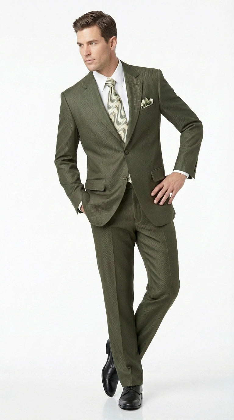 Men’s Olive Green Tuxedo With Trim Collar – Formal Wedding, Prom Suit Modern Fit