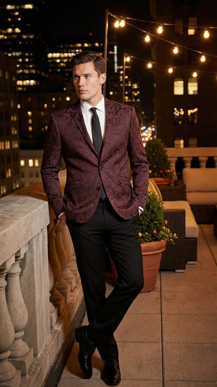 Men’s Burgundy Paisley Blazer Sport Coat - Velvet Dinner Jacket floral in Maroon Wine Color Ultra Slim Fit Smoking Jacket by USA Men's Outlet