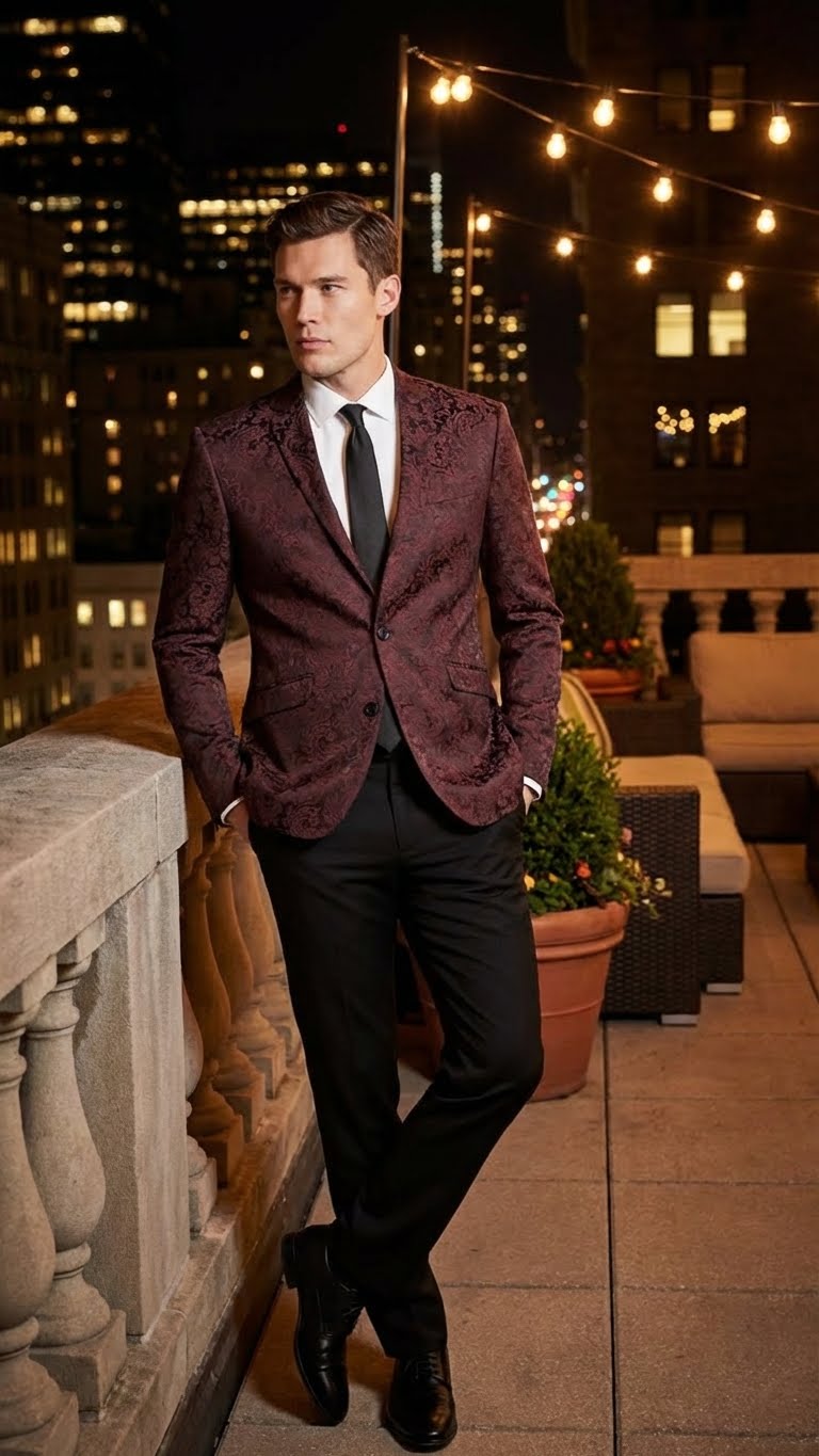 Men’s Burgundy Paisley Blazer Sport Coat - Velvet Dinner Jacket floral in Maroon Wine Color Ultra Slim Fit Smoking Jacket by USA Men's Outlet
