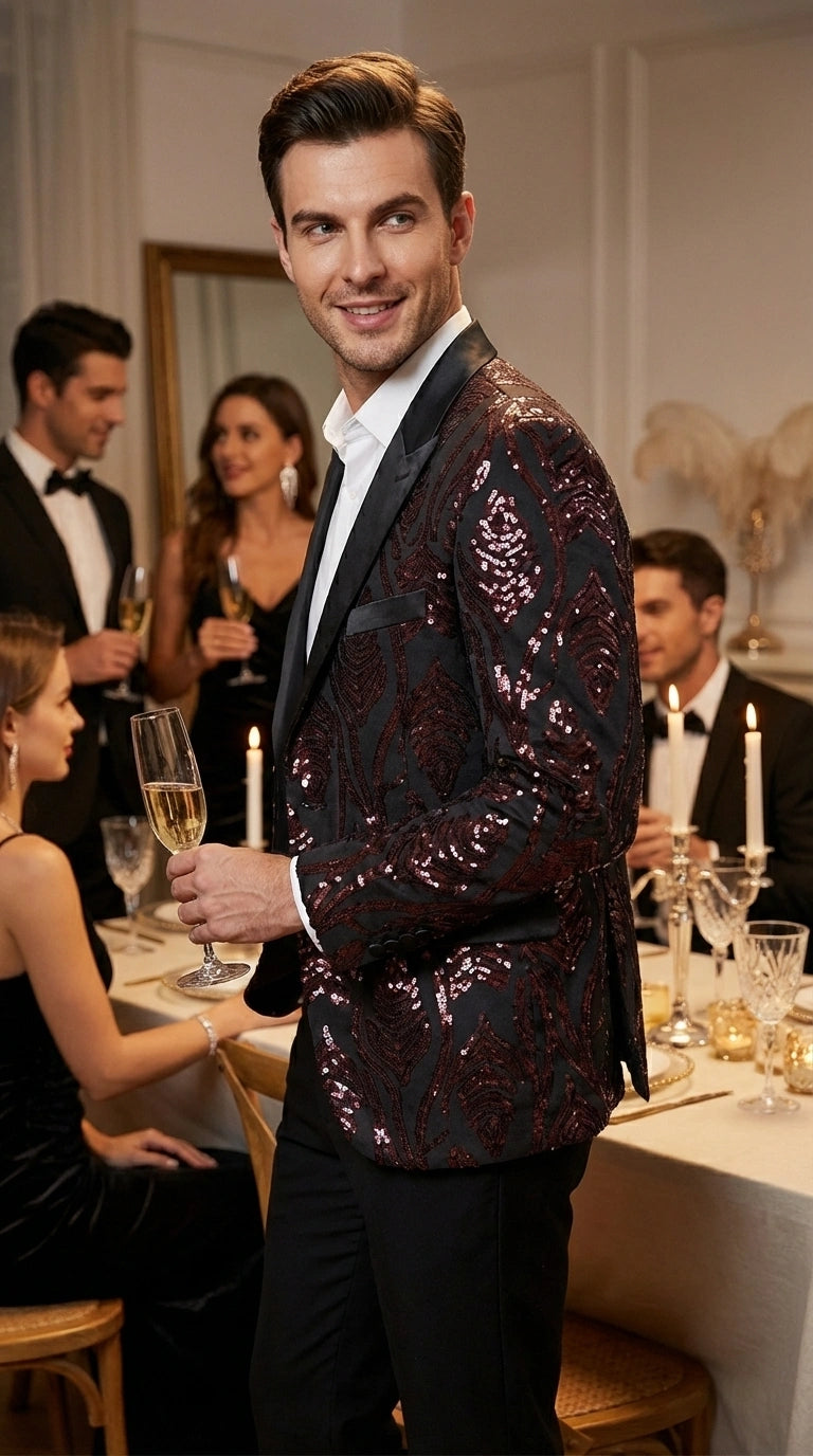 Men’s Black and Burgundy Sequin Blazer – Black Sparkle Sequin Party Blazer with Burgundy Pattern for Prom, Wedding Slim Fitted