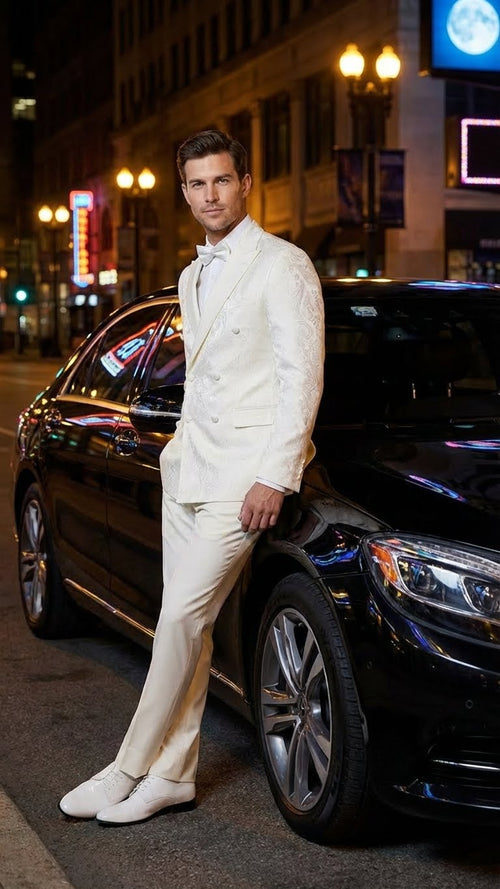 Men’s Ivory Double Breasted Tuxedo Dinner Jacket – Textured Blazer Paisley Texture Pattern in Off White Cream Color + Bowtie