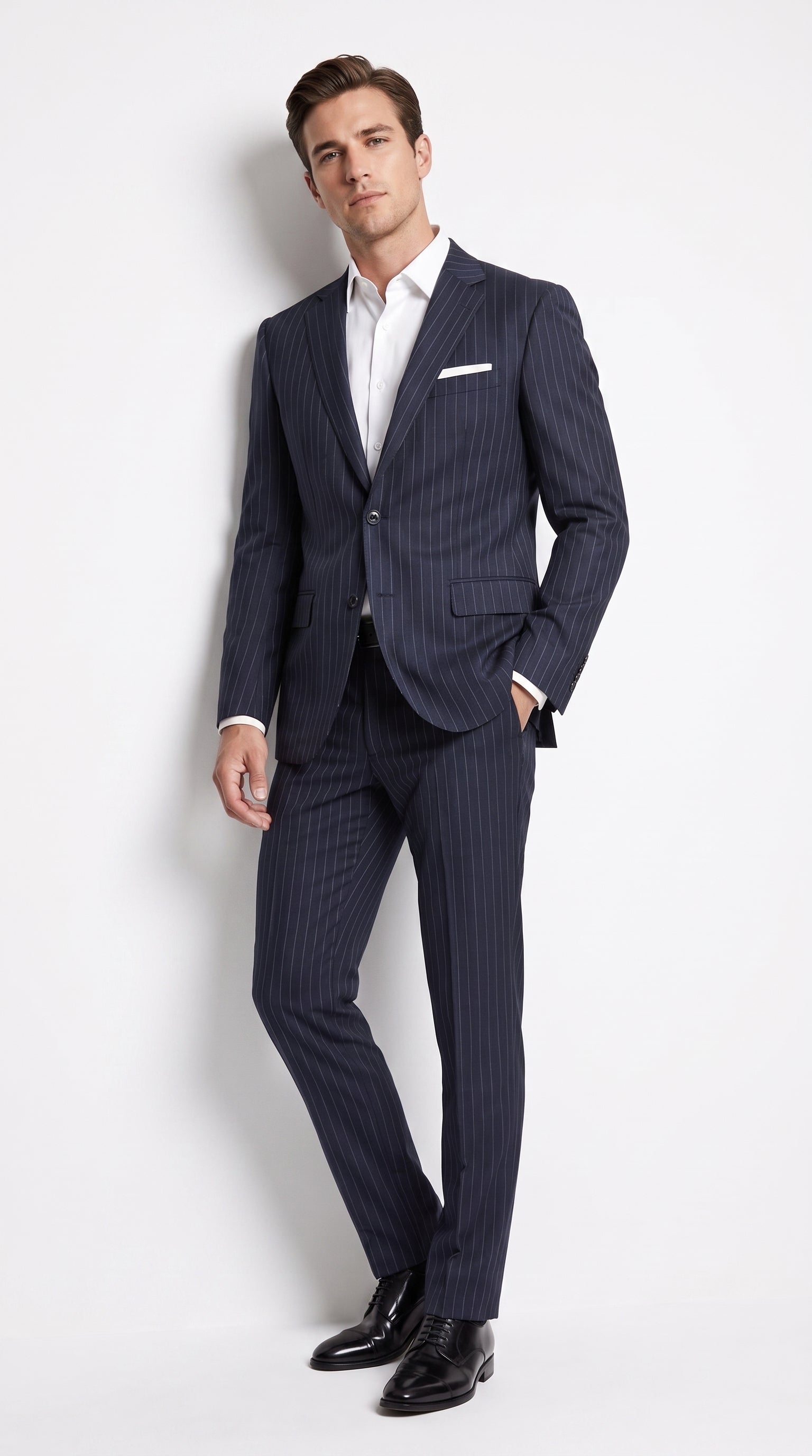 Men’s Patrick Bateman Inspired Navy Pinstripe Suit – American Psycho 1980s Business Style 2 Piece Suit