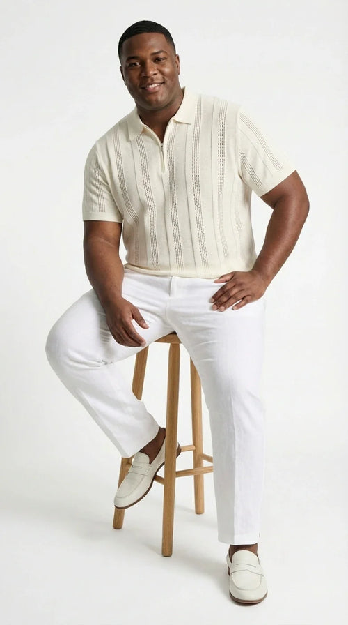 Mens Cream Ivory Off White Knit Walking Suit Set – Lightweight Short Sleeve Shirt and Pants Outfit for Summer, Vacation and Casual Wear