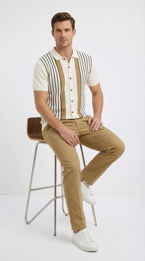 Mens Cream and Tan Striped Walking Suit Set – Casual Summer Short Sleeve Shirt and Pants Outfit for Vacation, Travel and Everyday Wear